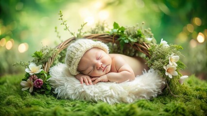 Dreamy newborn photoshoot on lush green backdrop capturing the magic of those first days, newborn, baby, infant