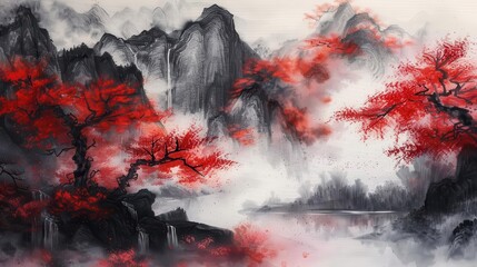 mesmerizing chinese ink painting depicting misty mountains gnarled trees and a serene lake in vibrant red hues traditional asian landscape art with a modern abstract twist
