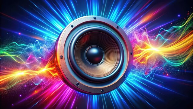 Vibrant 3D sound waves erupting from a speaker, bursting with intense energy, vividly illustrating the power of loud, pulsating audio in a dynamic visual representation.