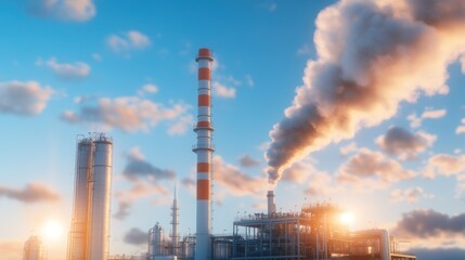 Obraz premium Industrial tanks filled with toxic water, being processed into biogas, with steam and safety equipment highlighting the hazardous environment .