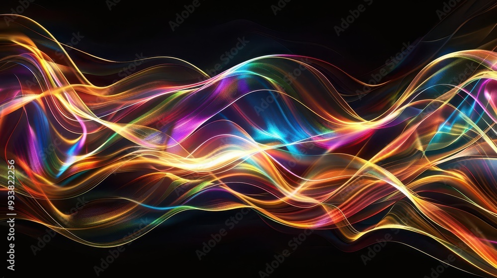 Poster mesmerizing iridescence fluid abstract forms in motion shimmering with holographic rainbow hues agai