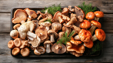 Fototapeta premium A black tray with a variety of mushrooms and greens