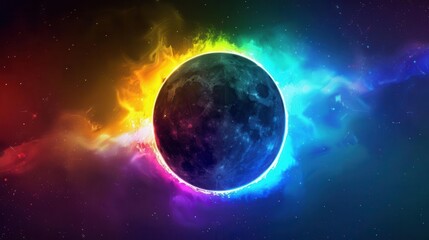 Obraz premium mesmerizing solar eclipse with vibrant neon hues celestial spectacle featuring electric blue yellow green and purple light bursts dramatic dark sky backdrop with starry elements