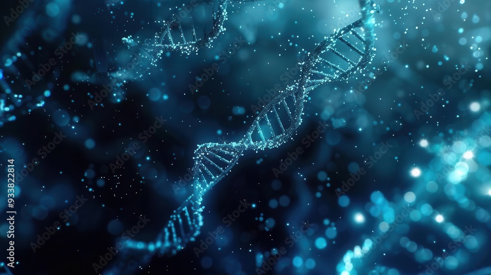 Poster microscopic view of glowing blue dna molecules floating in translucent serum intricate 3d structures