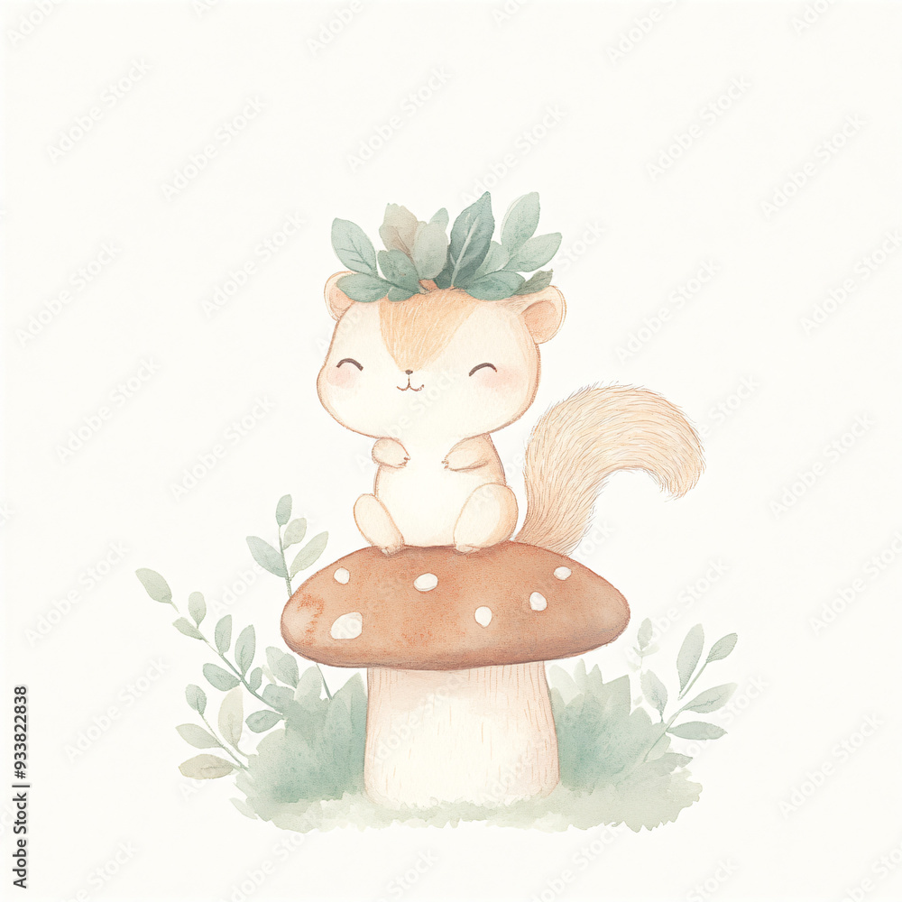 Sticker cute squirrel mushroom.