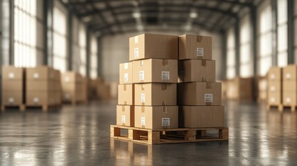 Stacked cardboard boxes on a wooden pallet in a bright warehouse space, offering a clean, industrial aesthetic. 3D rendering.