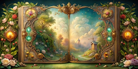 A whimsical fairy tale book with ornate cover design, storybook, fantasy, magical, vintage, fairy tale, story