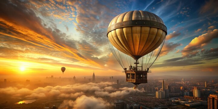 Steampunk hot air balloon flying over a cityscape at sunset, Steampunk, hot air balloon, vintage, retro, steampunk aesthetic