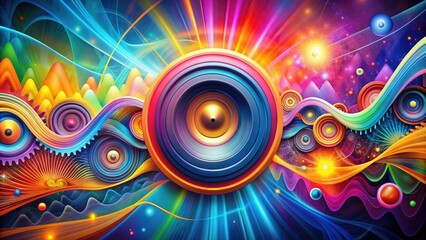 Vibrant abstract background featuring overlapping sound waves, geometric shapes, and swirling patterns in bold colors, evoking a sense of dynamic energy and sonic chaos.