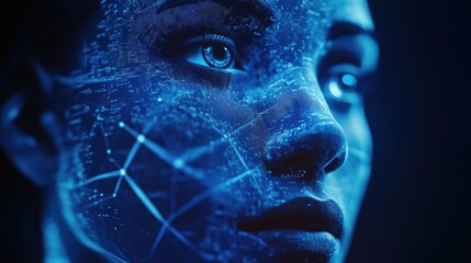 Digital face illuminated in a dark blue, tech-inspired environment, symbolizing the convergence of AI, big data, and futuristic intelligence. 3D rendering.