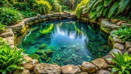 Fototapeta premium Well with crystal clear water surrounded by green plants and rocks , water, clear, rocks, plants, nature, serene, beautiful