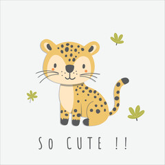 cute cartoon nursery animals. Cute Cheetah Leopard in hand drawn style,  suitable for baby kids design, birthday card or greeting card and printing.