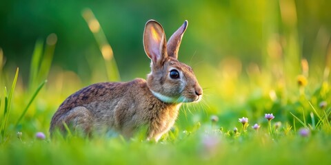 Fototapeta premium European rabbit Oryctolagus cuniculus foraging on a lush meadow, rabbit, bunny, wildlife, animal, mammal, meadow, field, grass