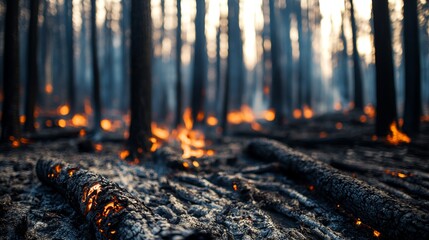 Obraz premium Close-up of charred trees and smoldering ground in a Mediterranean forest, capturing the aftermath of a devastating wildfire