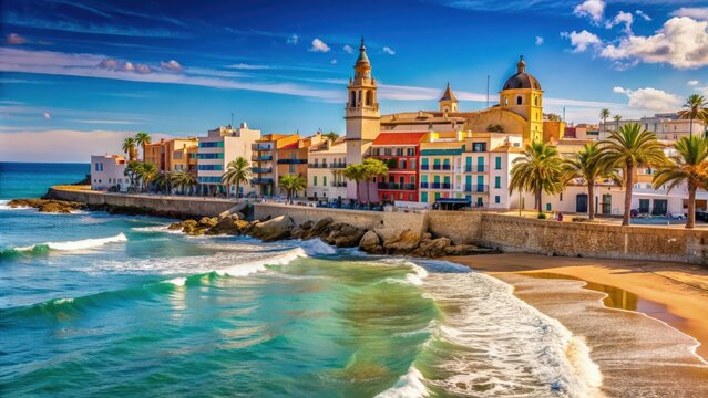Beautiful coastal town of Sitges with colorful buildings and beaches, Sitges, Spain, summer, destination, Barcelona