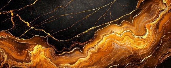 Obraz premium Detailed view of a gold and black marble surface, with swirling gold veins creating a dramatic and luxurious effect