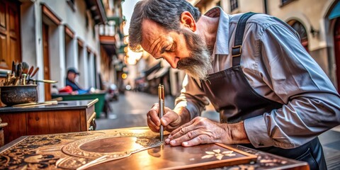 A master engraver meticulously works on a copper plate on the bustling street corner , artist