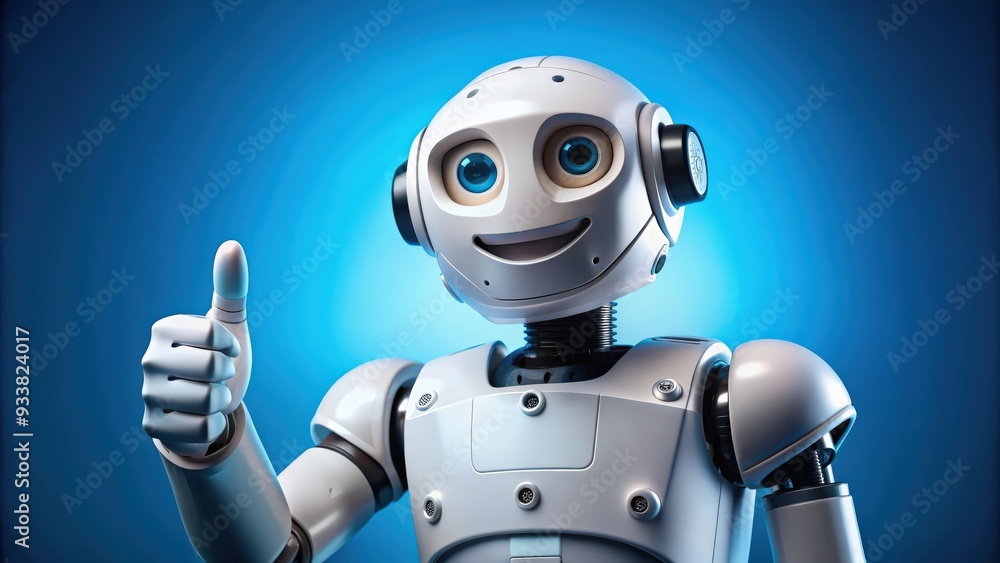 Poster closeup shot of a friendly robot giving a thumbs up gesture against a blue background , robot, thumb