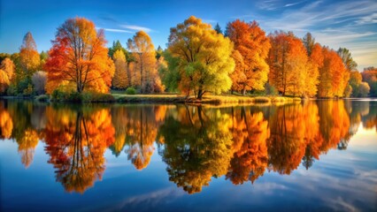 Fototapeta premium Autumn trees bathed in morning light reflected in a serene lake , Autumn, landscape, trees, morning light, reflection, lake