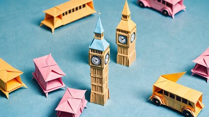 Origami Big Ben surrounded by pastel blue with room for text