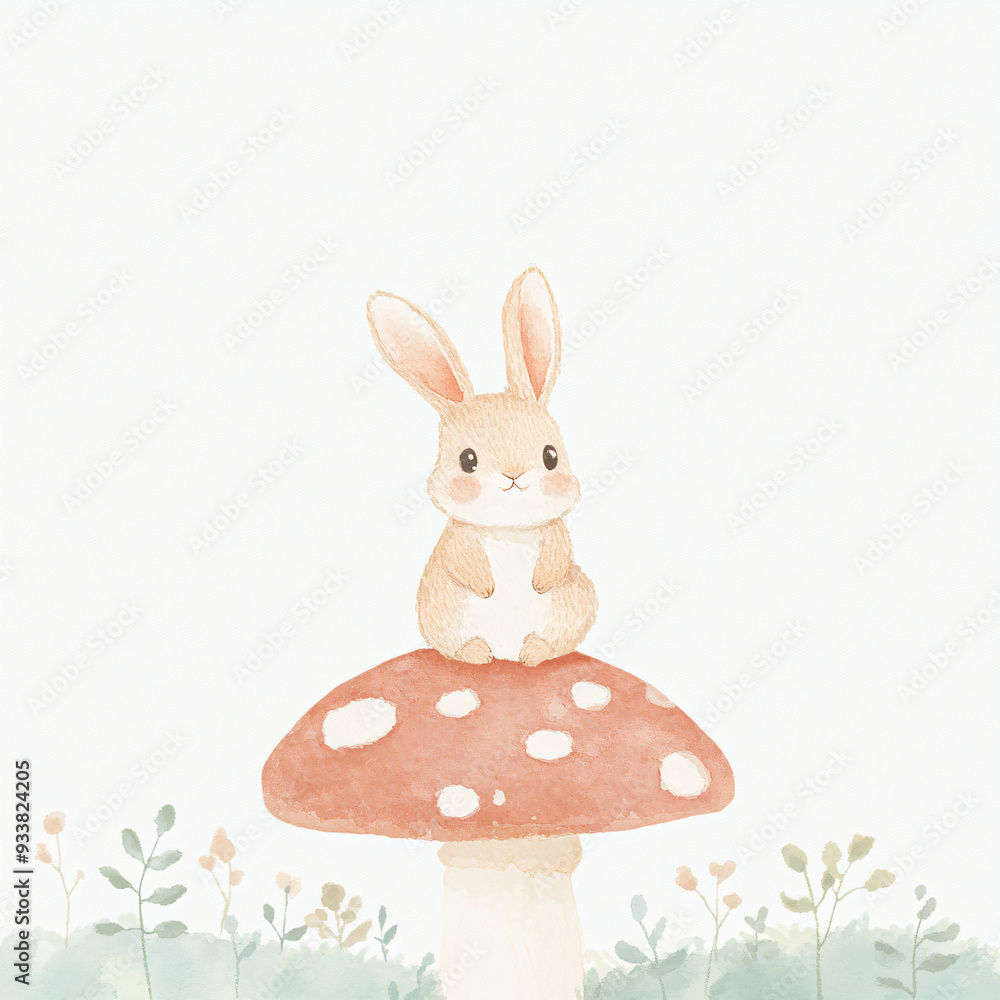 Poster cute bunny on mushroom.