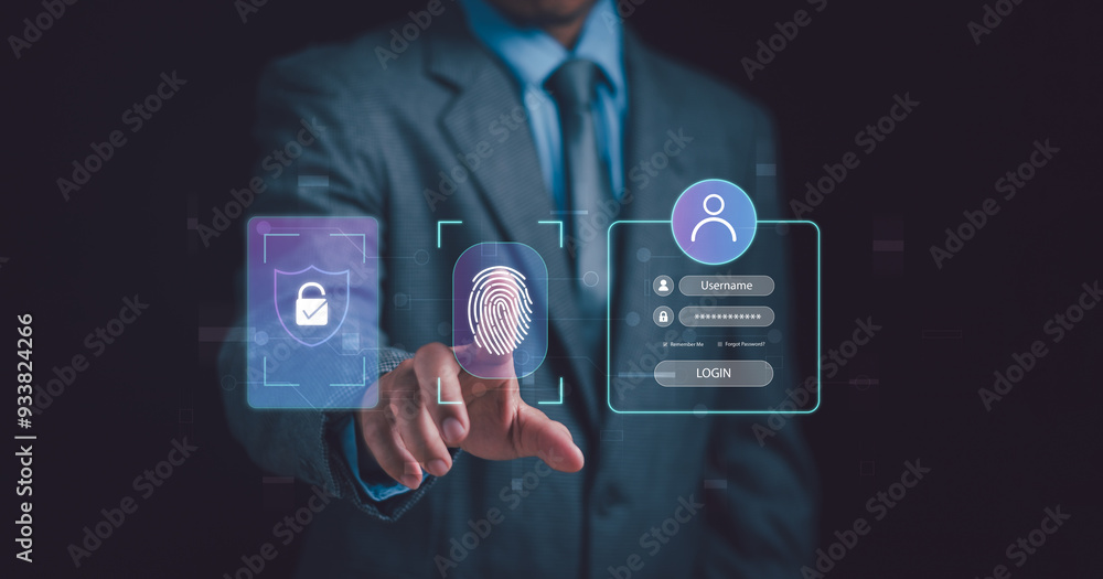 Poster cyber security technology and protect cyber privacy personal data concept ,businessman scanning thei