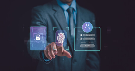 cyber security technology and Protect cyber privacy personal data concept ,businessman scanning their fingerprints on virtual screen to ,verify their identity for online internet transaction