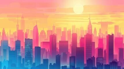 Fototapeta premium minimalist flat cityscape at sunrise with vibrant colors vector illustration