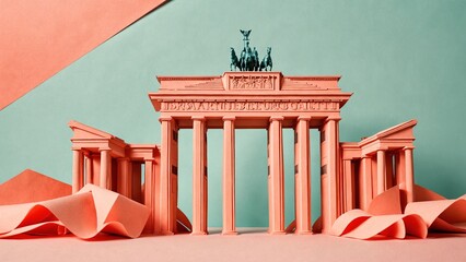 Fototapeta premium Folded paper Brandenburg Gate on a pastel coral background with room for text