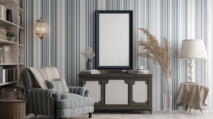 Cozy 3D render of a vertical frame mockup in a room with striped wallpaper, featuring a grey-blue and white color scheme, an armchair, bookcase, and soft lighting from a ceiling light. The scene inclu