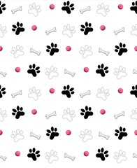 dog bone seamless pattern rubber duck baseball paw footprint  pet toy puppy cat kitten cartoon doodle gift wrapping paper repeat wallpaper tile background scarf isolated illustration design

