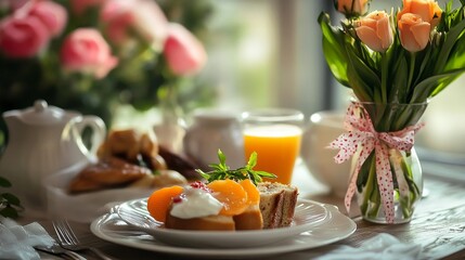 Greeting card and breakfast for Mother's Day.