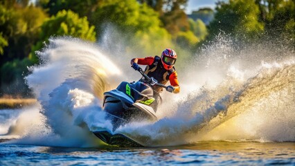 Jet ski driver creates a dramatic spray while drifting on the river , jet ski, driver, drift, river, water, action, speed