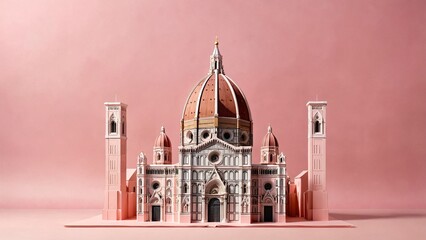 Obraz premium Paper folded Florence Cathedral on a pastel pink background with space for text