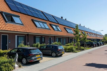 LEMMER, NETHERLANDS - JULY 22 2023: Street with modern new social rental housing with front garden and parked cars in Lemmer, the Netherlands, with generative ai