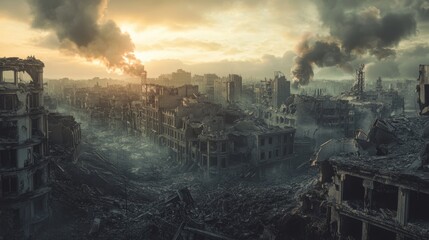 Fototapeta premium ruined cityscape with crumbling buildings and smoke rising in the distance, conveying a sense of desolation and decay.