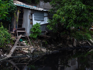 Dilapidated riverside shack surrounded by greenery