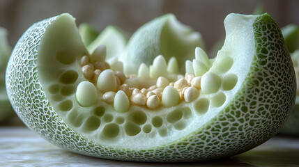 Close-Up of a Melon Slice with Seeds and Intricate Texture.  Add this Image to Your Food and Drink Projects.