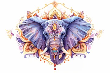 Watercolor purple Indian elephant with floral pattern and lamp on white background. Ganesh Chaturthi. Diwali. Elephant festival in India. illustration in tribal or boho style for design