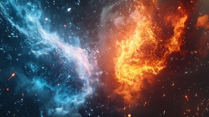 Naklejka premium Fiery and icy elements colliding dramatically, with sparks flying, symbolizing opposing forces and intense contrast.