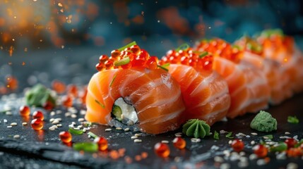 Delicious looking sushi roll on a dark blue surface,