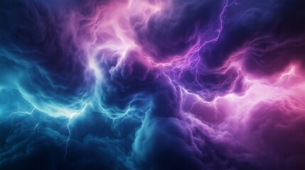 Fototapeta premium Vibrant neon-colored clouds with electric lightning. A dramatic and surreal sky perfect for fantasy, weather, and abstract designs.