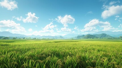 Fototapeta premium Green Rice Paddy Field with Mountains and Blue Sky Illustration