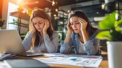 Fototapeta premium Financial woes give office ladies headaches.