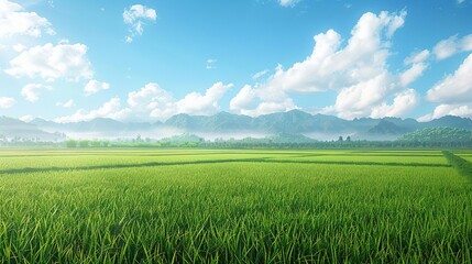 Fototapeta premium Green Rice Paddy Field with Mountains and Blue Sky Background Illustration