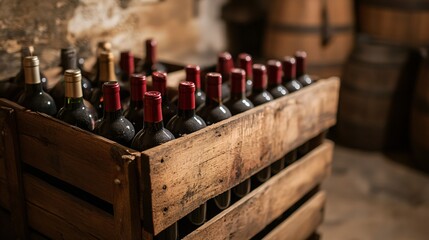 A wooden crate box used as a wine rack, with bottles of red and white wine neatly arranged, placed in a dimly lit, cozy cellar