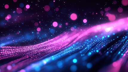 Abstract banner with magenta navy radiant neon lines and sparkly lights Information movement idea