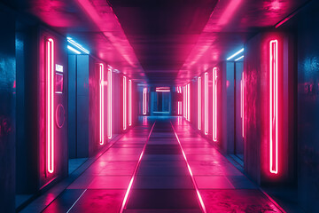 Fototapeta premium A neon lamp bulb glowing brightly against a dark background. The bulb emits a vivid neon light, creating a striking contrast with the surrounding darkness and highlighting its modern and stylish desig