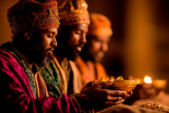 Three wise men offering gifts in a nativity scene