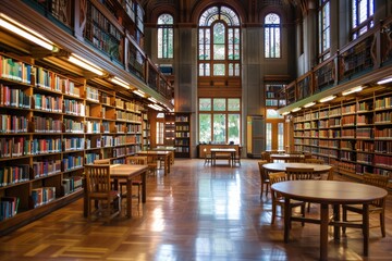 Quiet library interior with a reading area, surrounded by bookshelves and natural light.
